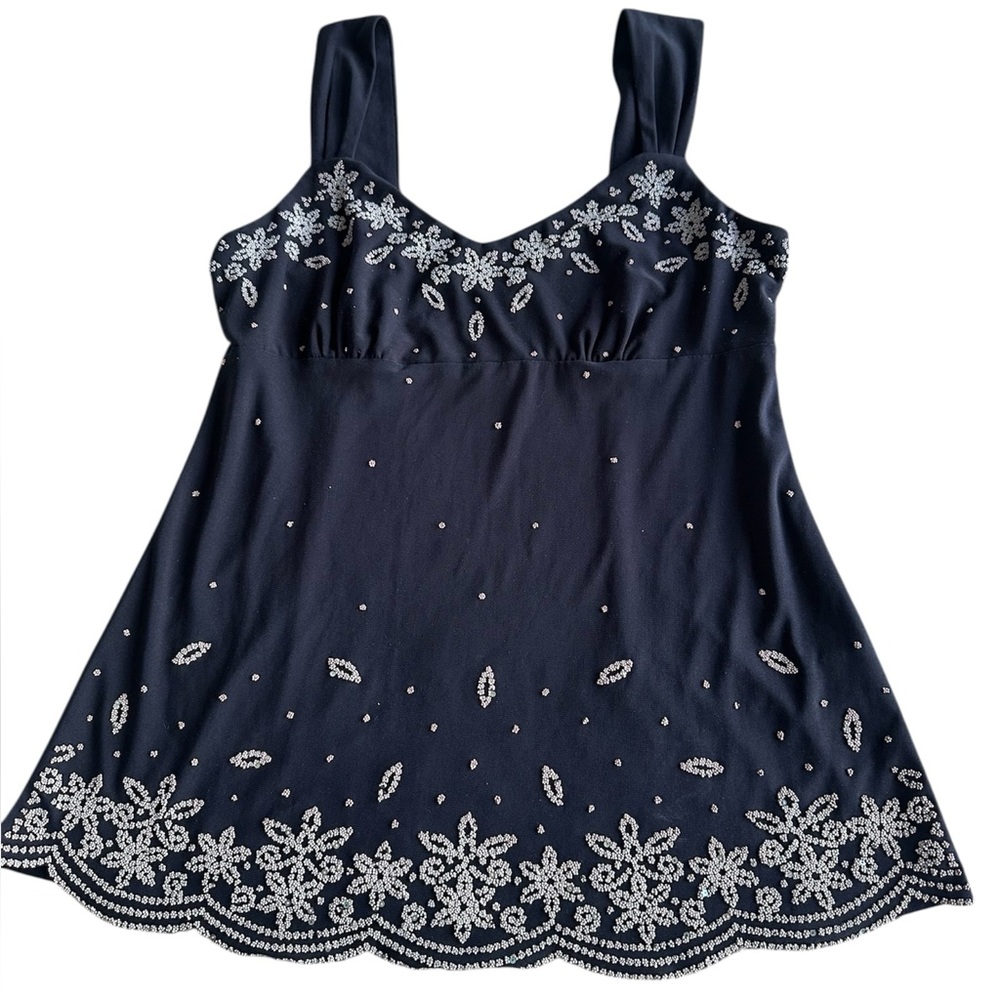Dressbarn Women's Medium Navy Blue Beaded Sequin Flower Tank Fairy 90s Romantic
